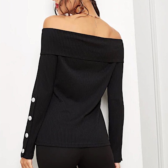 Off the Shoulder Button Sleeve Ribbed Top - Picture 3 of 6